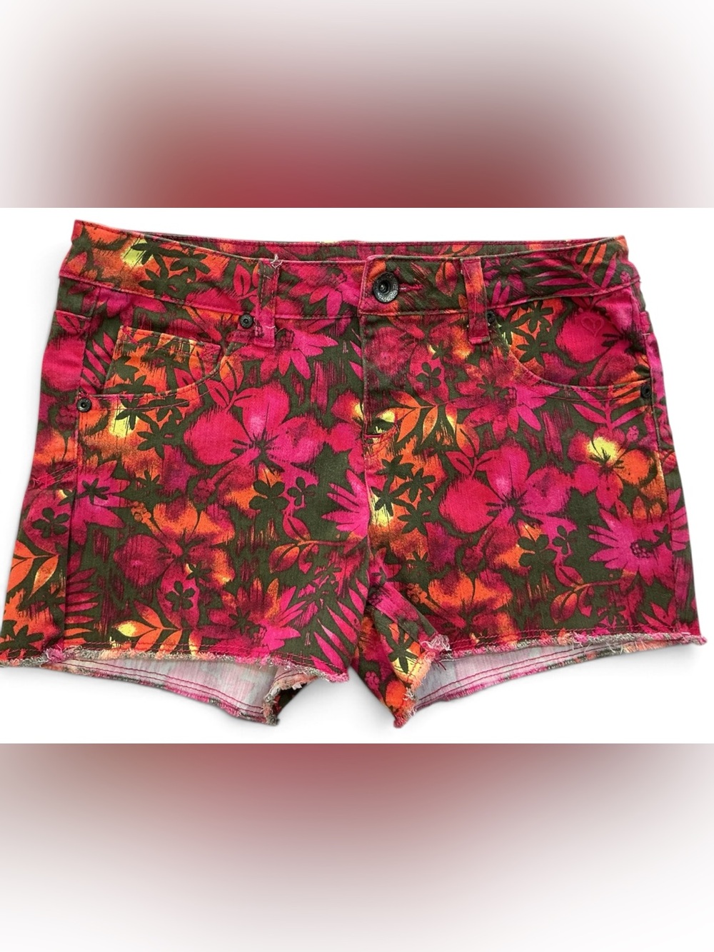 Justice Store Premium Denim Tropical Hibiscus Shorts in Pink/ Orange- NWOT